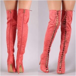 Cape Robbin Salmon Orange Pink Size 8.5  Lace-Up Over the Knee 4"heel Boots